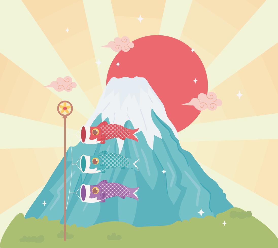 mount fuji and koi fish flags vector