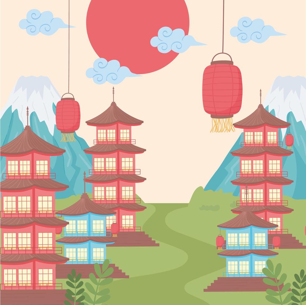 japan pagodas and lanterns vector