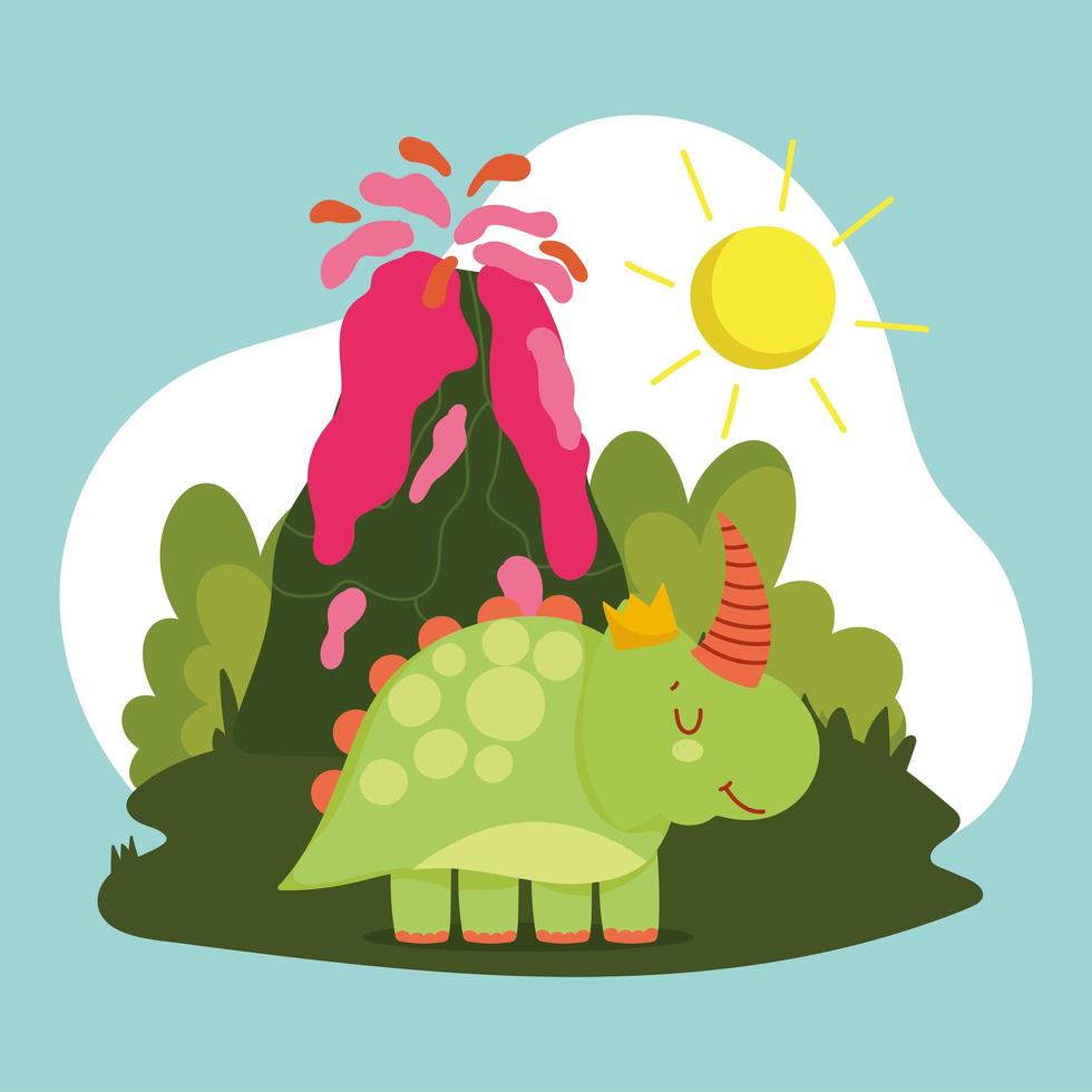 funny dinosaur and volcano vector