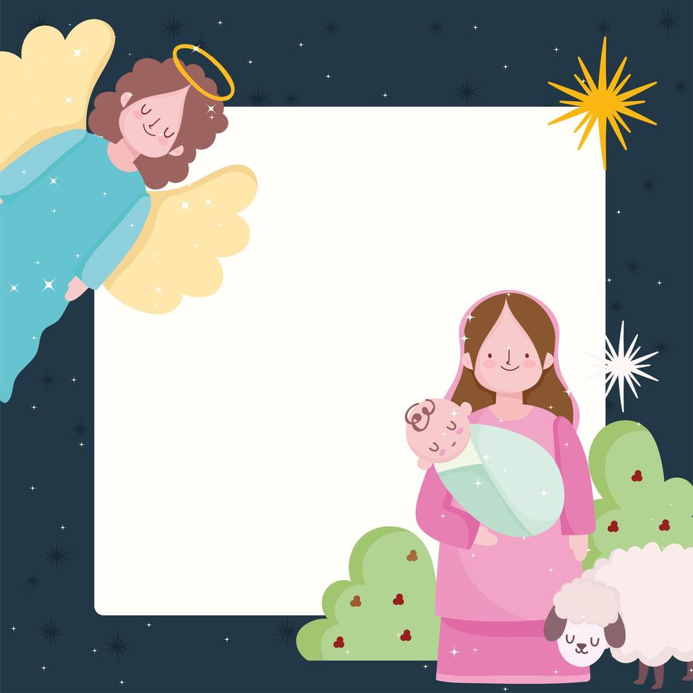 natividad, pesebre maría con bebé y ángel con dibujos animados de tarjeta de oveja vector