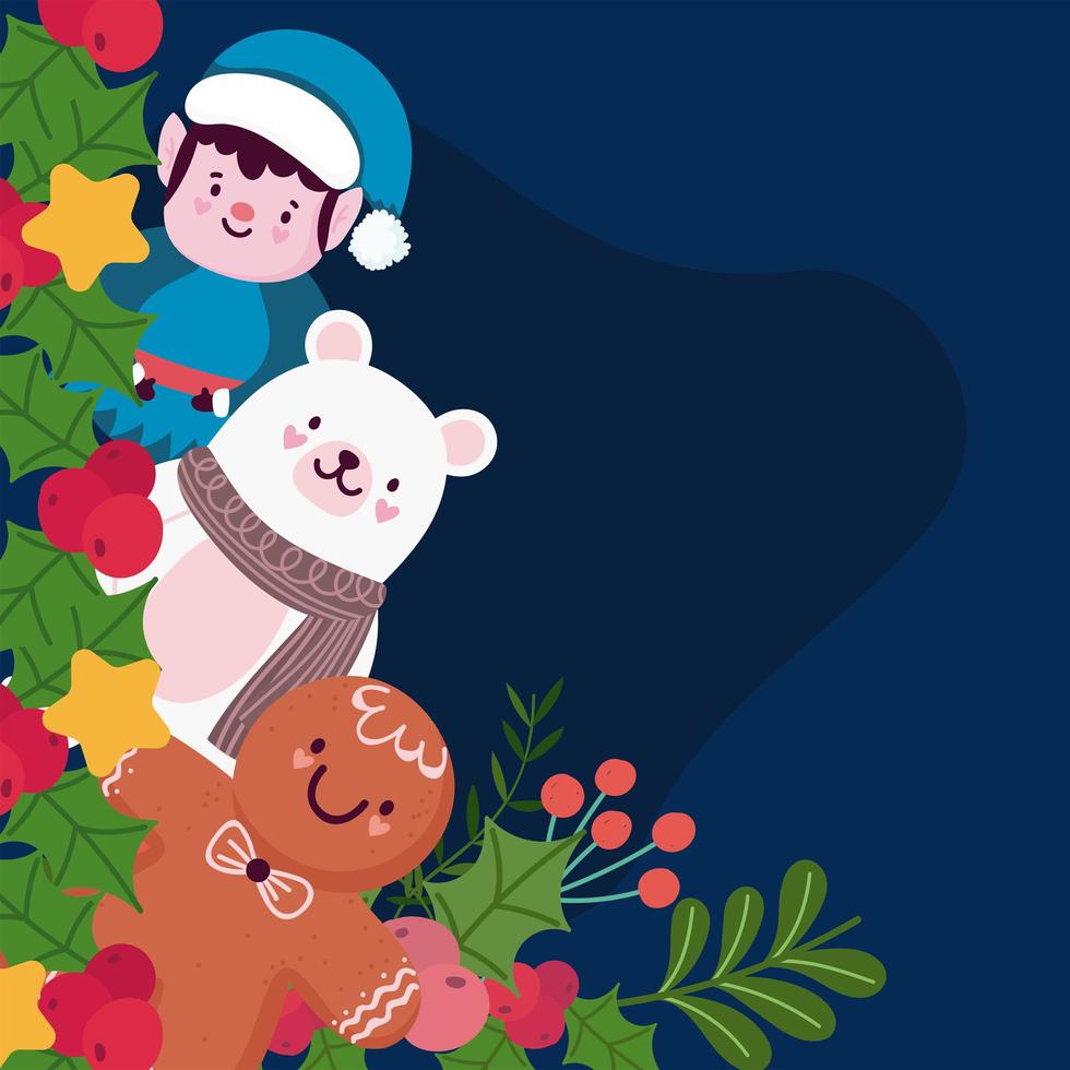 merry christmas cute helper bear and gingerbread man branches holly berry vector