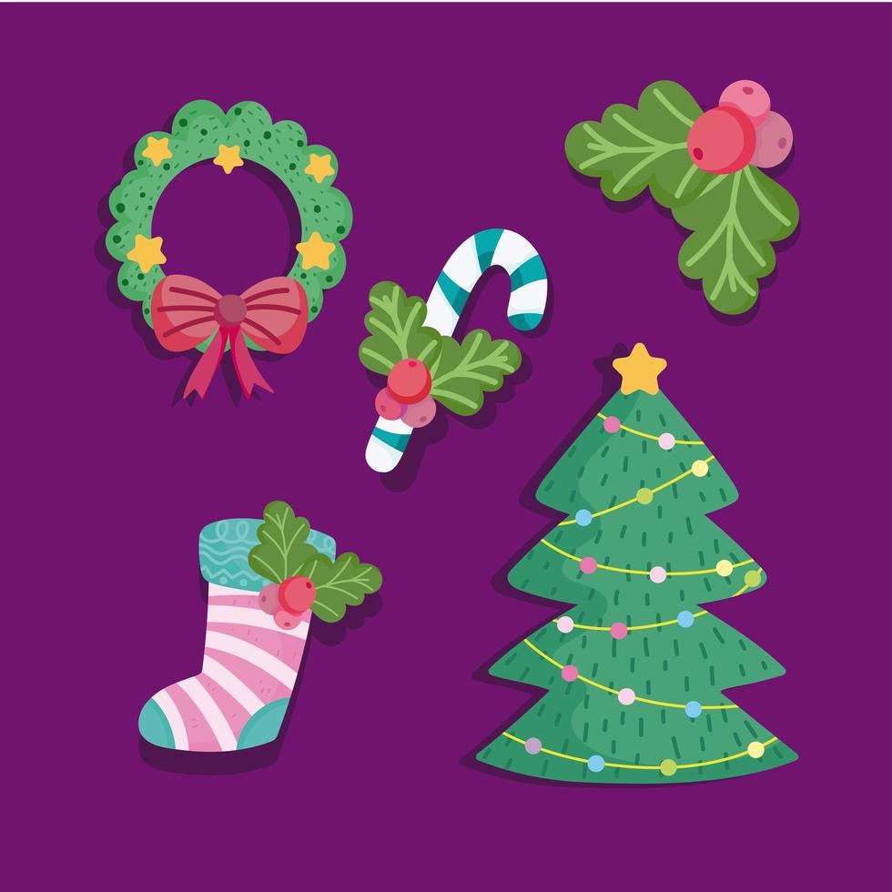 merry christmas, tree wreath candy cane and sock icons set vector