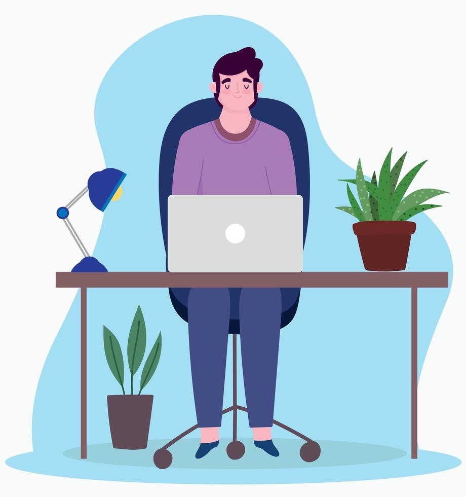 young man is working at his laptop on desk, people working vector