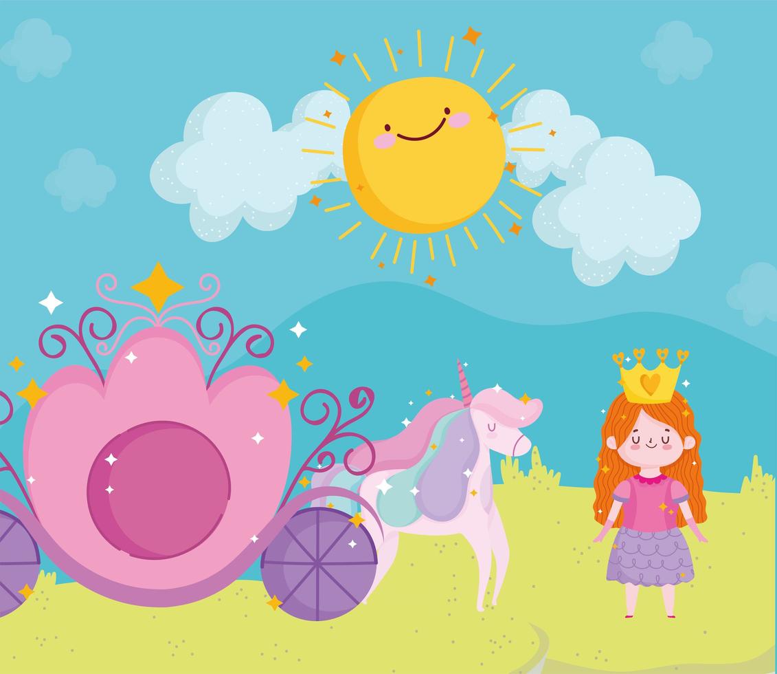 princesa cuento niña con corona carruaje unicornio sol cielo dibujos animados vector