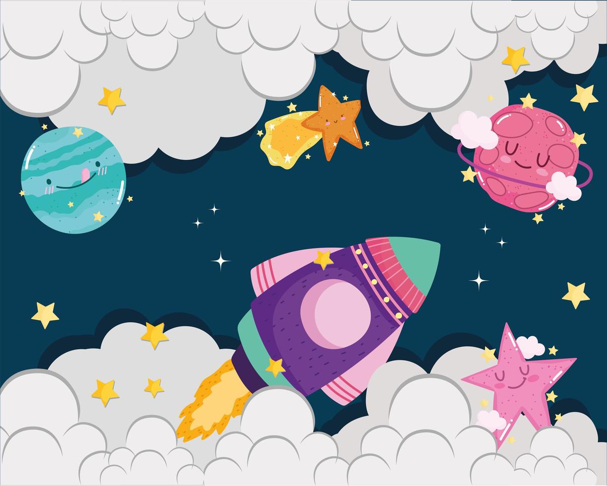 space spaceship shooting star planets clouds sky adventure cute cartoon vector