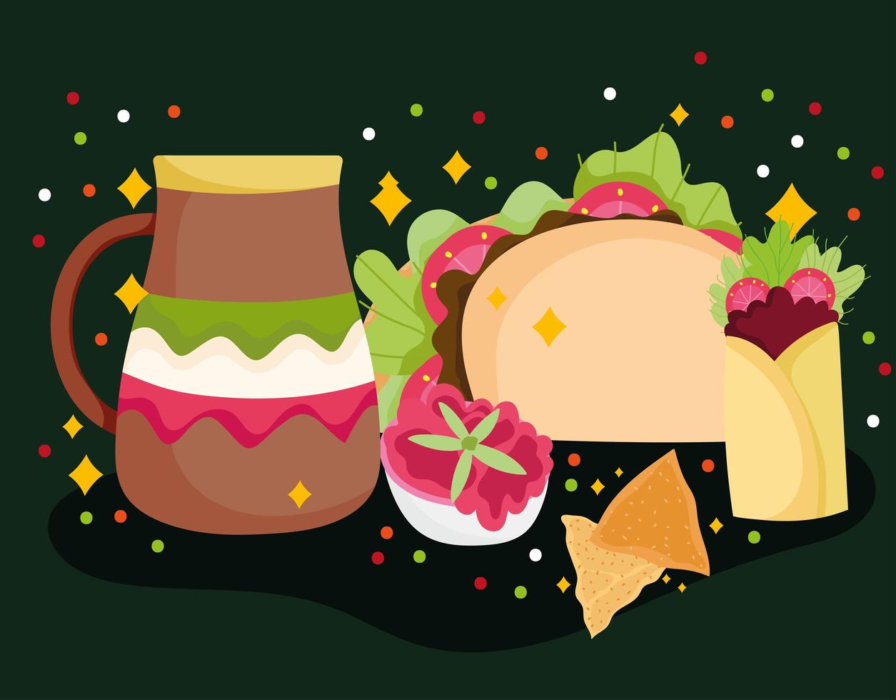 México cultura comida tradicional salsa taco nacho y burrito vector