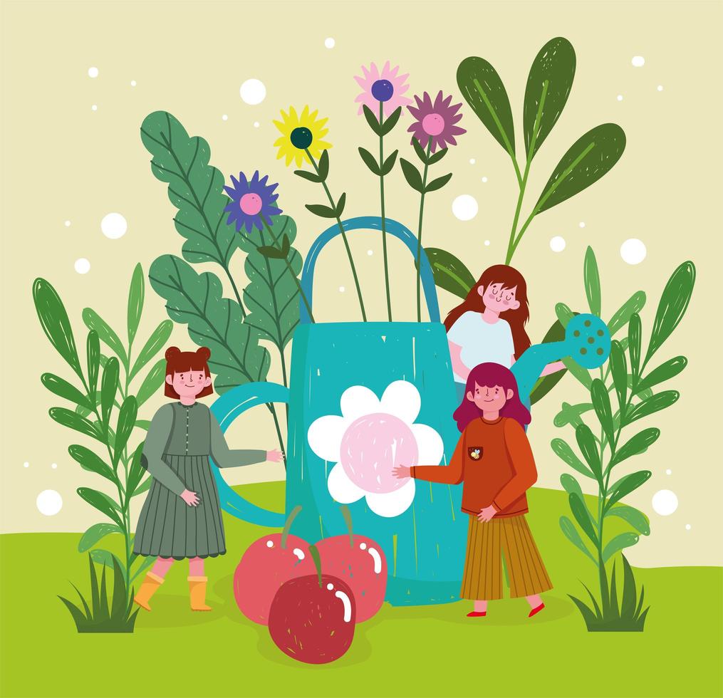 girls with watering can garden vector