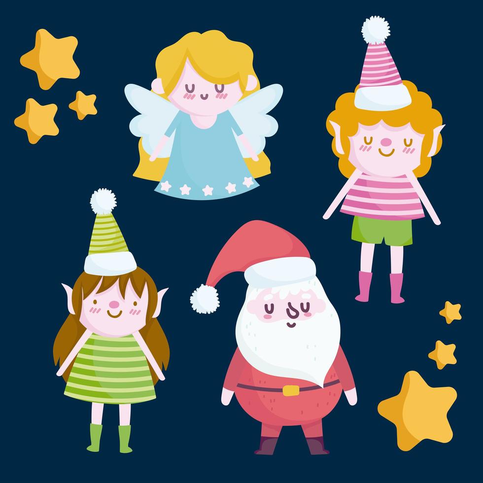 merry christmas, santa angel female and male helper characters icons vector