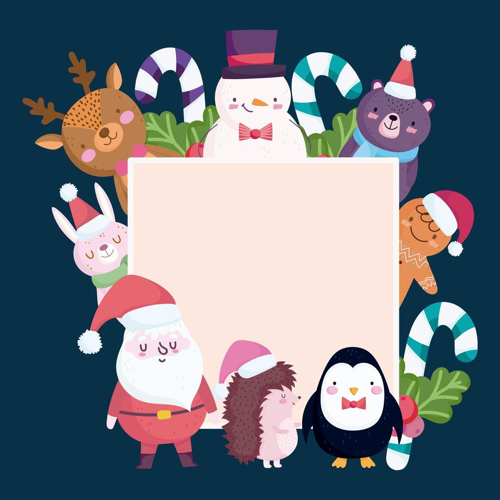 merry christmas, cute characters animals candy canes and holly banner vector