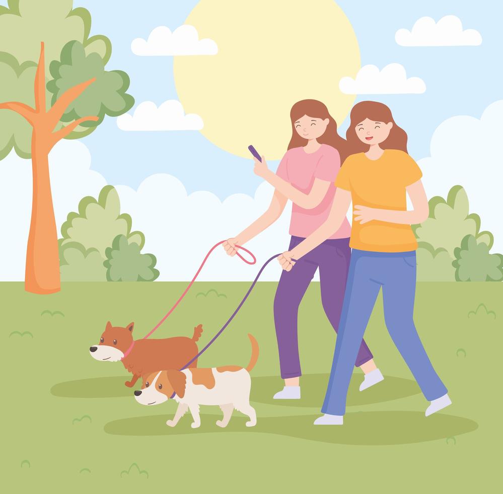 mujeres con perros caminando vector