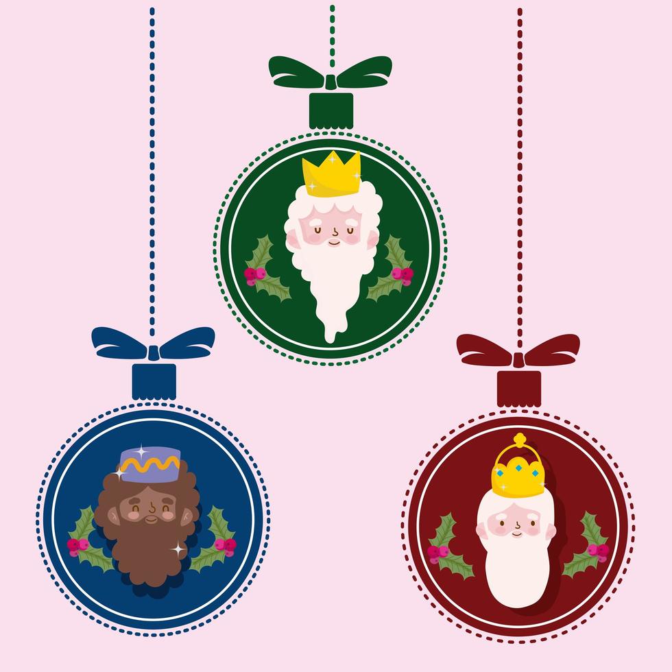 happy epiphany, three wise kings in hanging balls decoration vector
