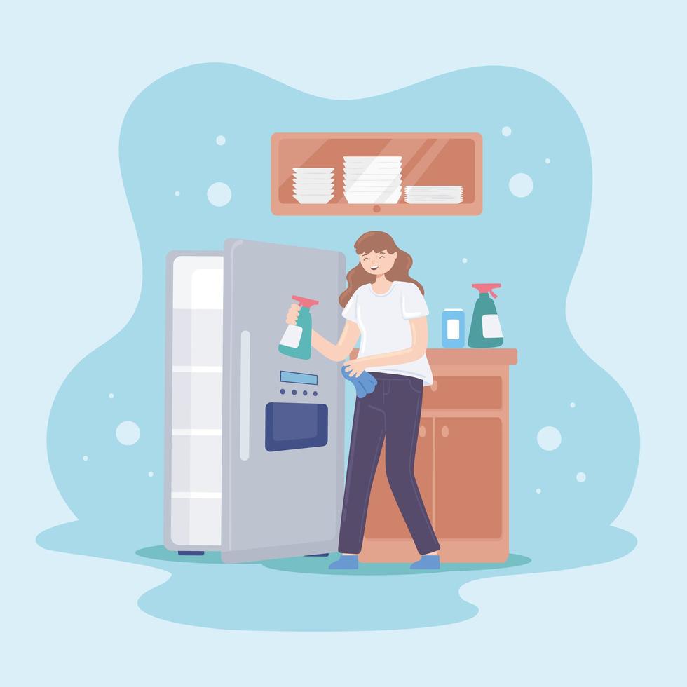 woman cleaning a fridge vector