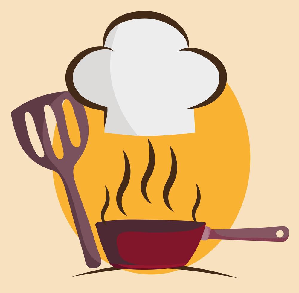 cooking chef hat spatula and saucepan in cartoon style vector
