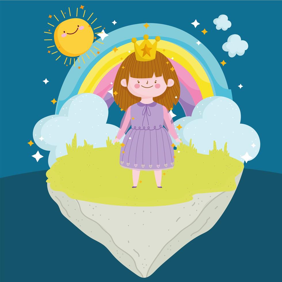 cuento de princesa con corona arco iris nubes sol magia dibujos animados vector