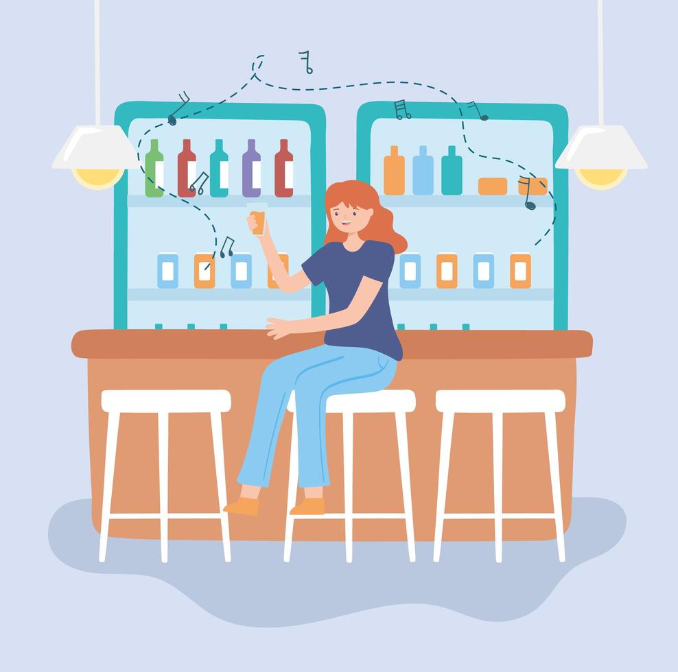 mujer bebiendo en un bar vector
