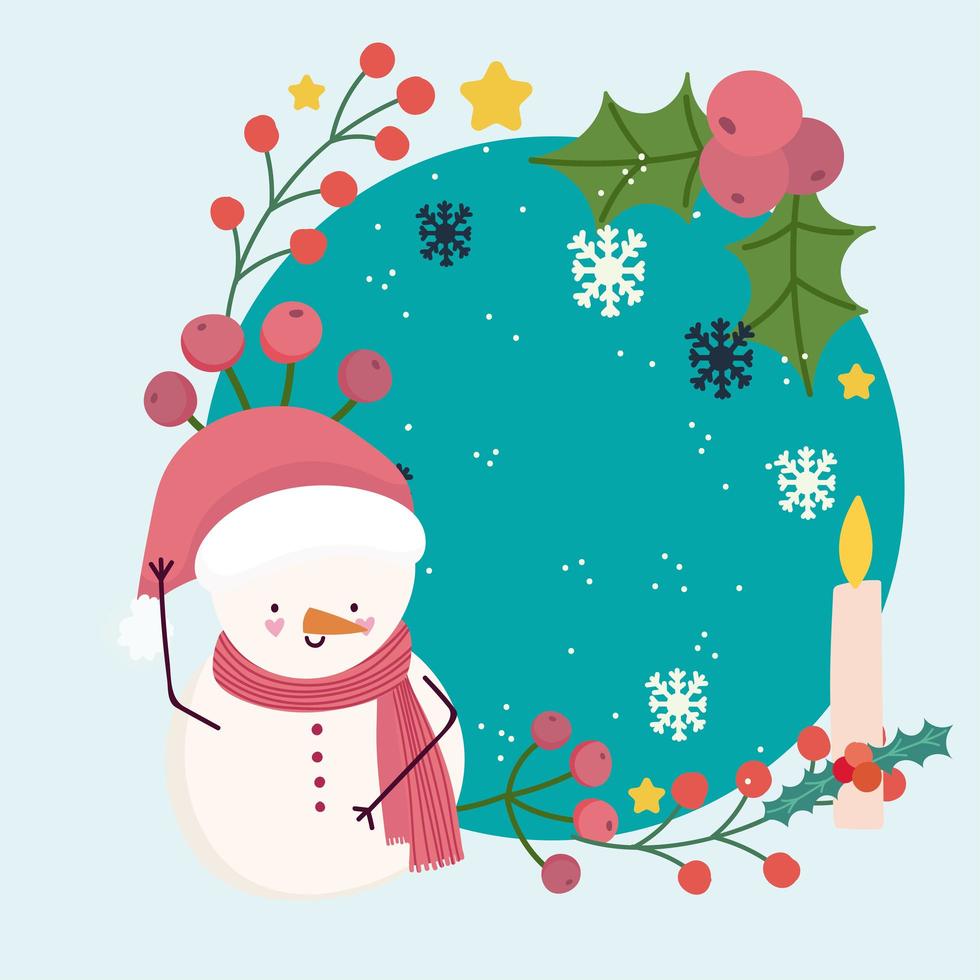 feliz navidad lindo muñeco de nieve con velas copos de nieve marco de bayas de acebo vector