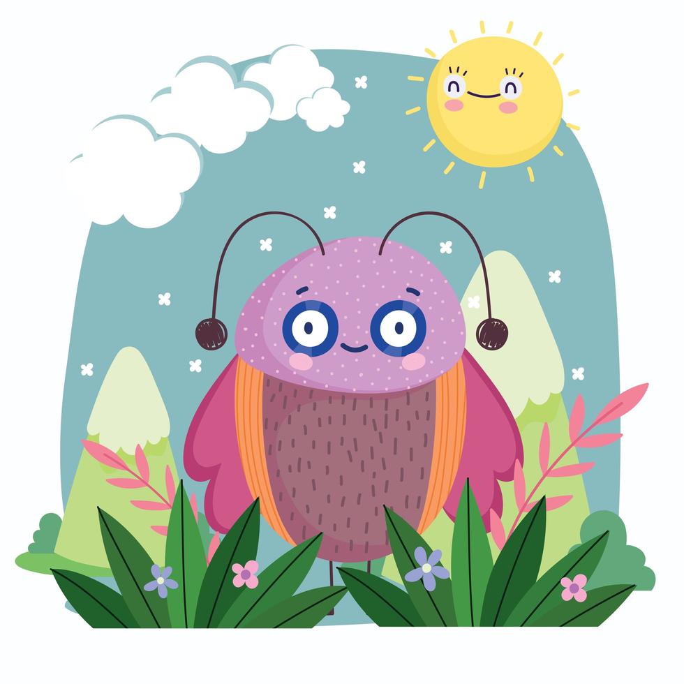 funny bug with wings animal mountains sky cartoon vector