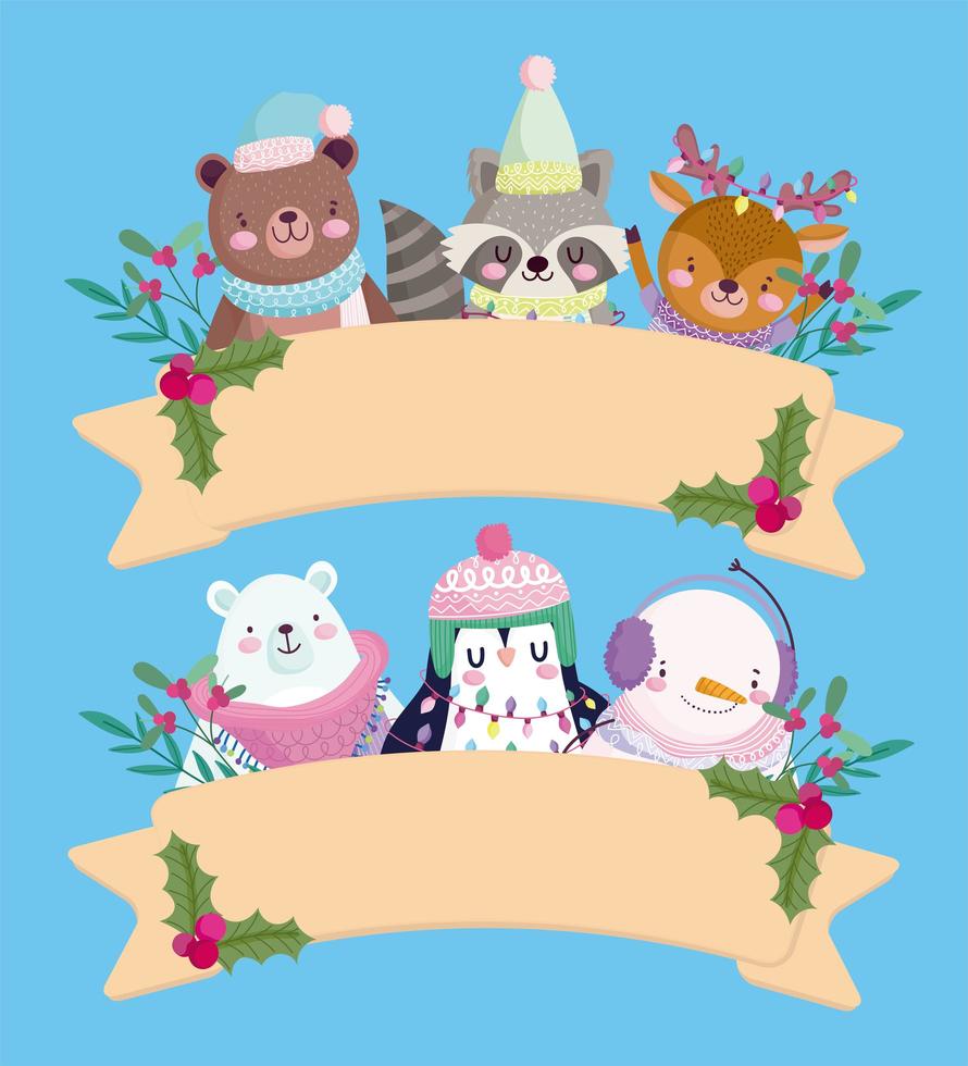 merry christmas, cute animals with hats holly berry ribbon decoration vector