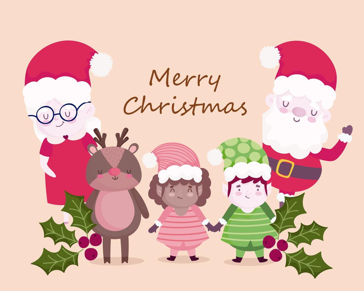 merry christmas, greeting card with santa wife reindeer and helpers cartoon vector