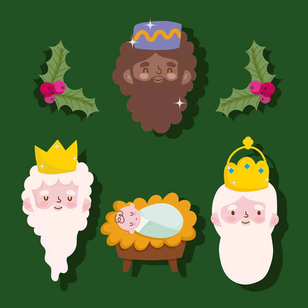 happy epiphany, three wise kings faces and baby jesus green background vector