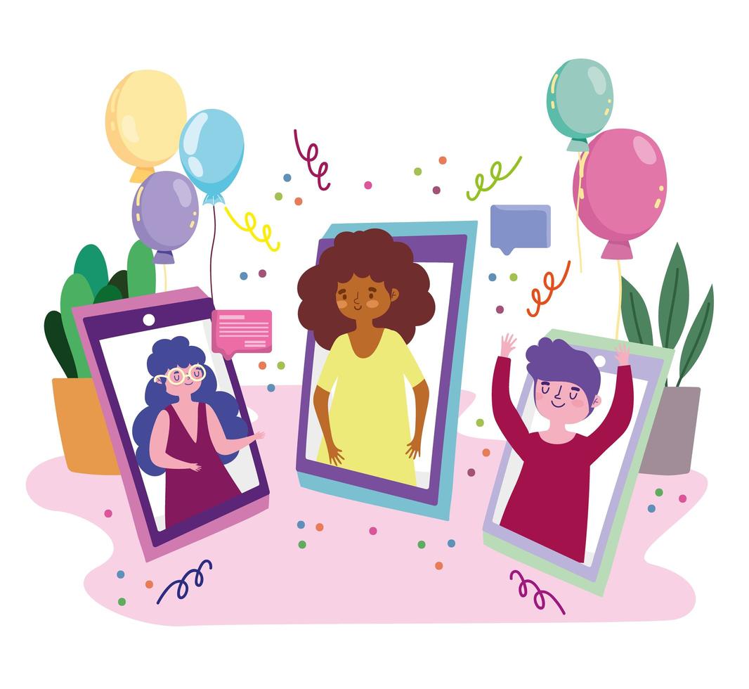 virtual party, people in video call mobile celebrating vector
