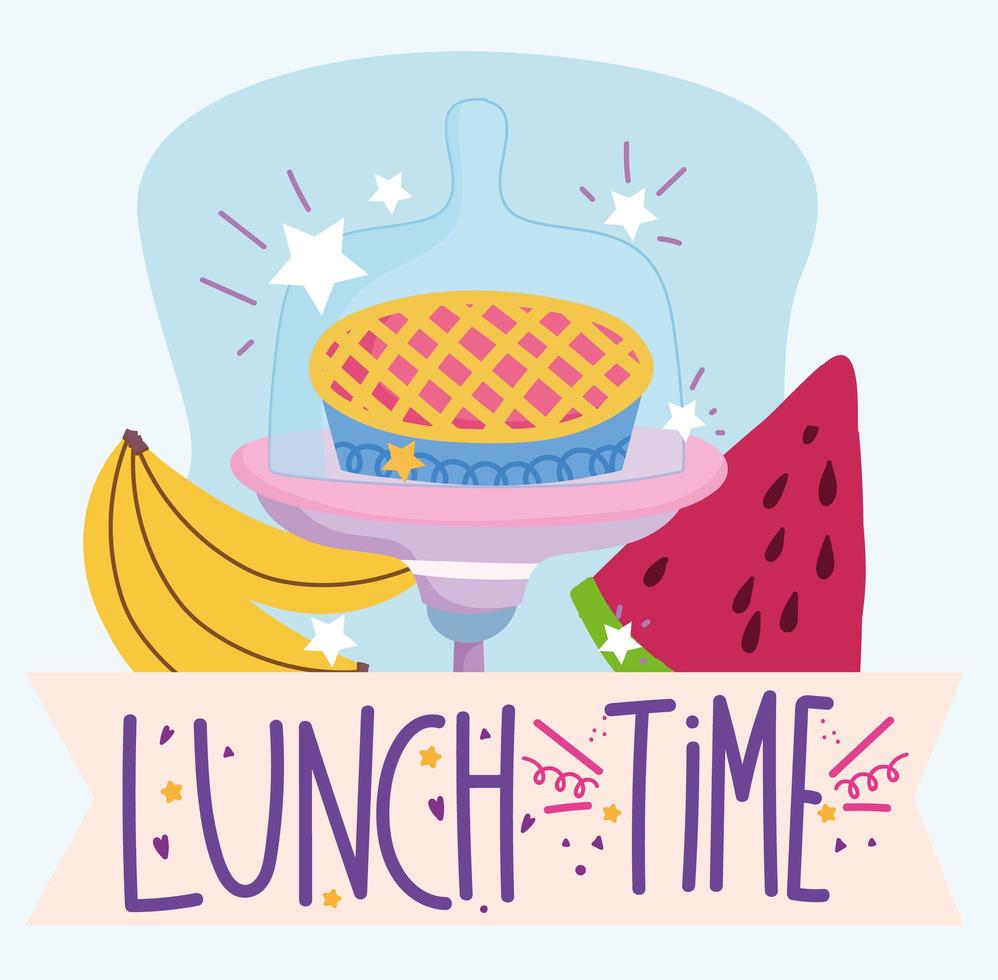 lunch time, cake and fruits cooking in cartoon style lettering vector