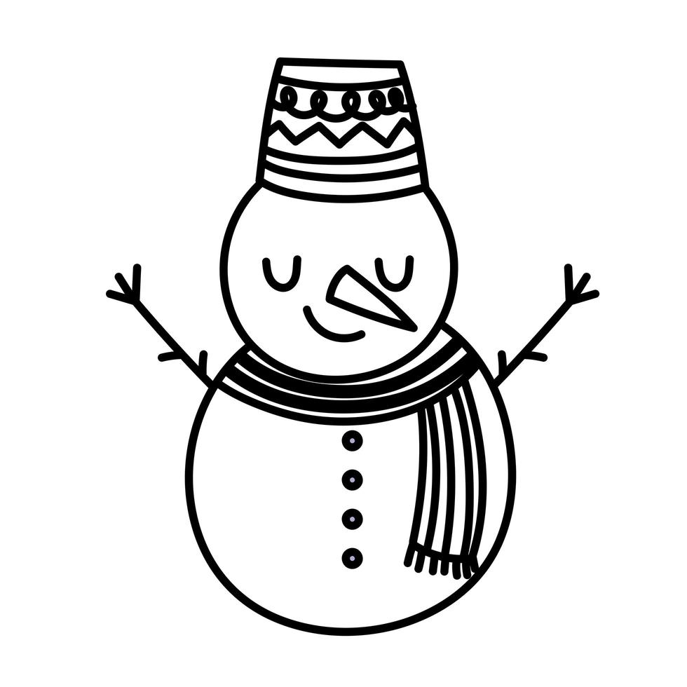 christmas snowman character with scarf and hat line icon style white background vector