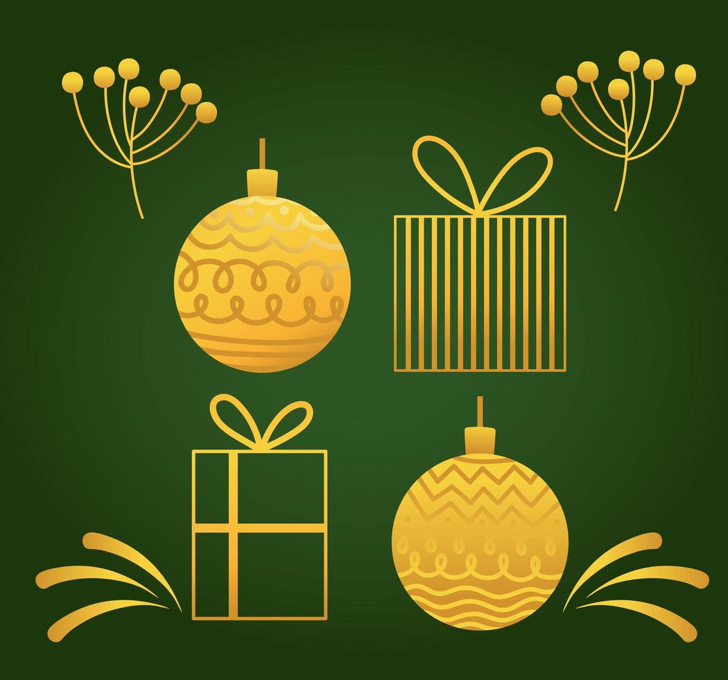 happy new year 2021 golden decoration balls gifts on grgeen background vector