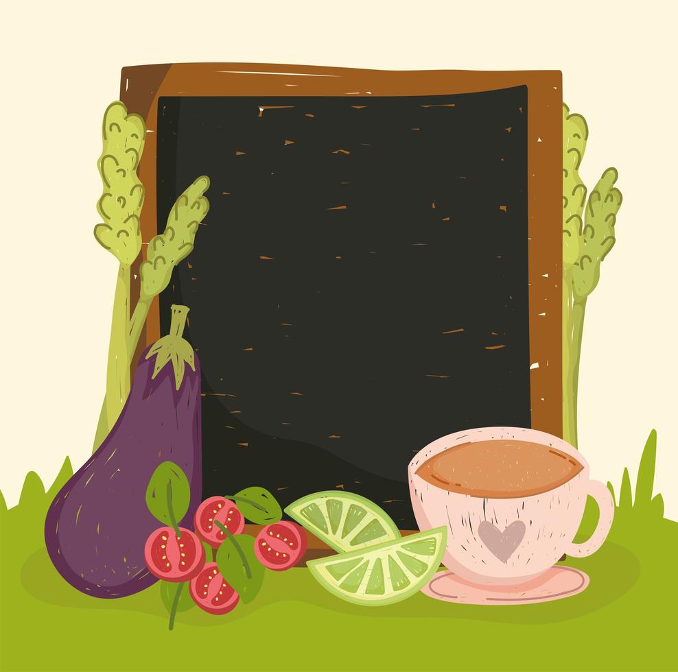 vegetables and tea with board vector