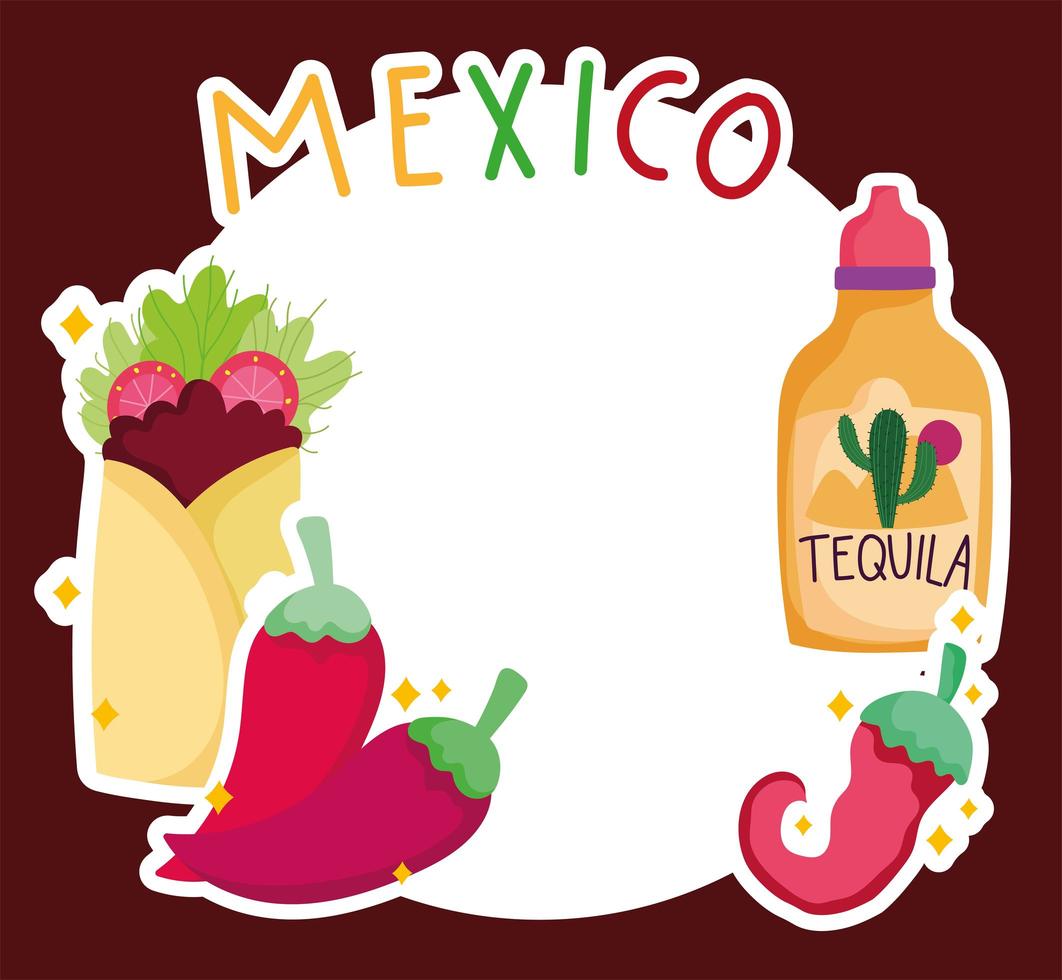 mexico culture traditional food tequila burrito chili pepper label template vector