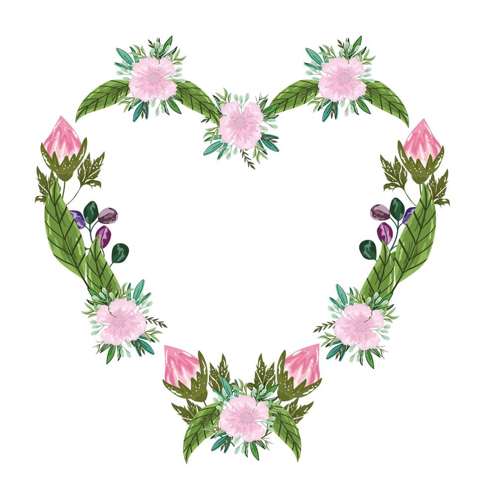 ramo de flores marco floral en forma de corazón, diseño de pintura vector