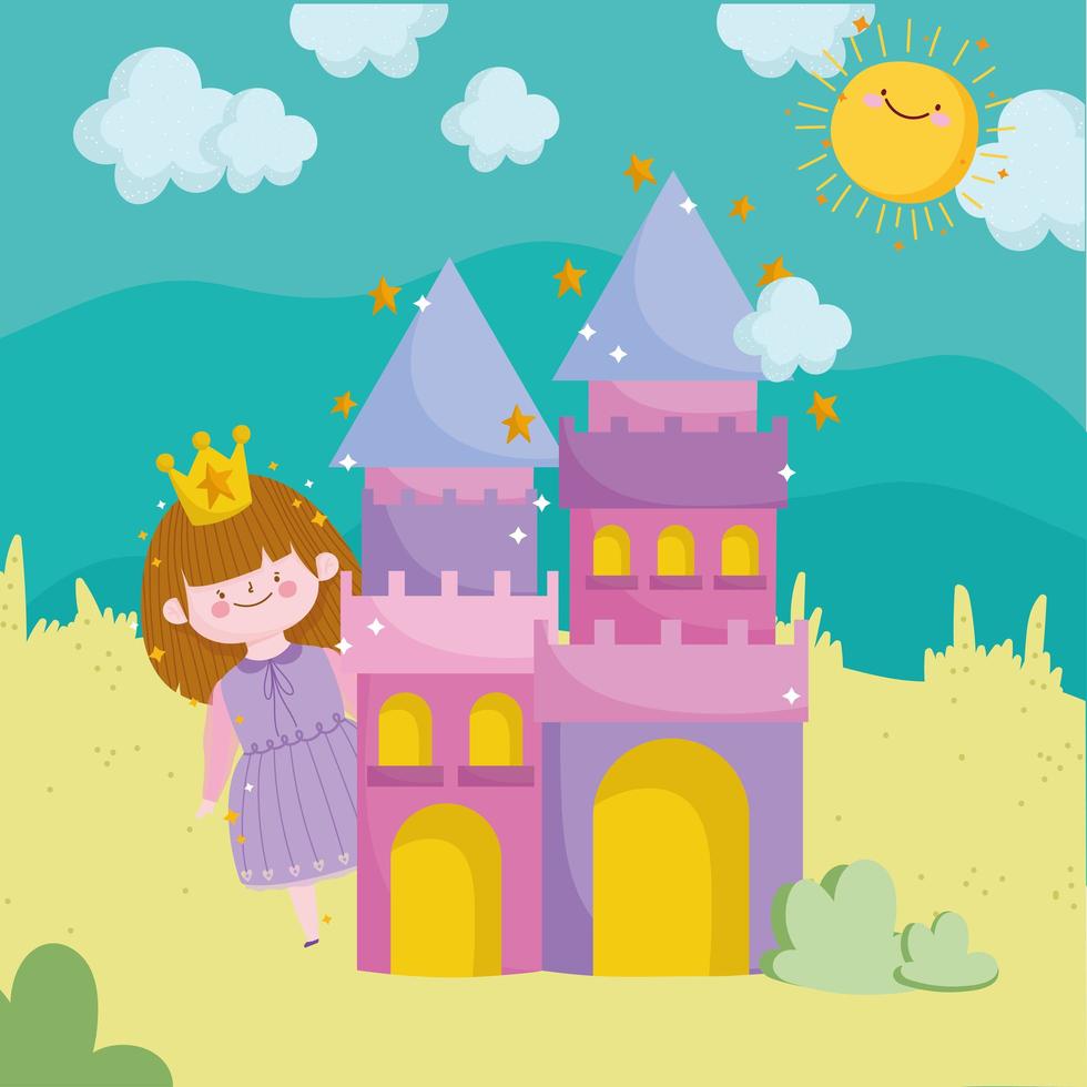 princess tale cartoon cute girl castle sun clouds sky vector