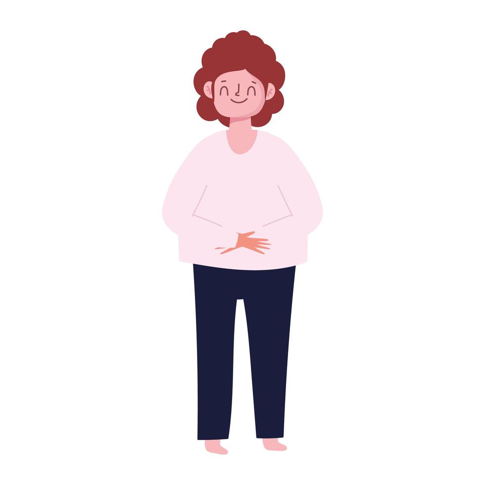 Personaje de dibujos animados feliz mujer de pie sobre fondo blanco. vector