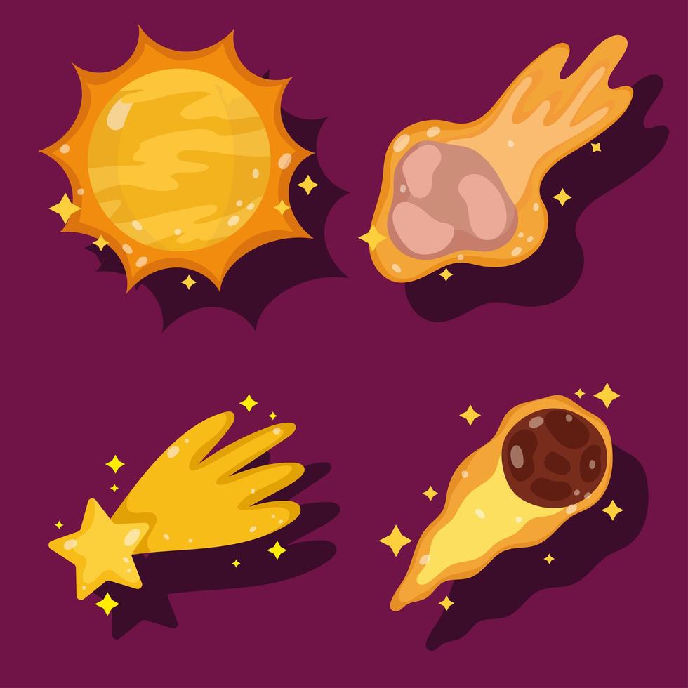 space shooting star sun asteroid comet adventure cartoon icons set vector