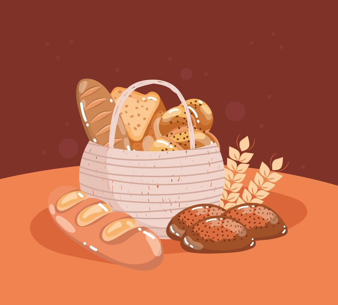 breads in wicker basket vector