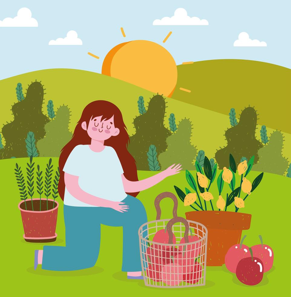 niña jardinería plantas vector