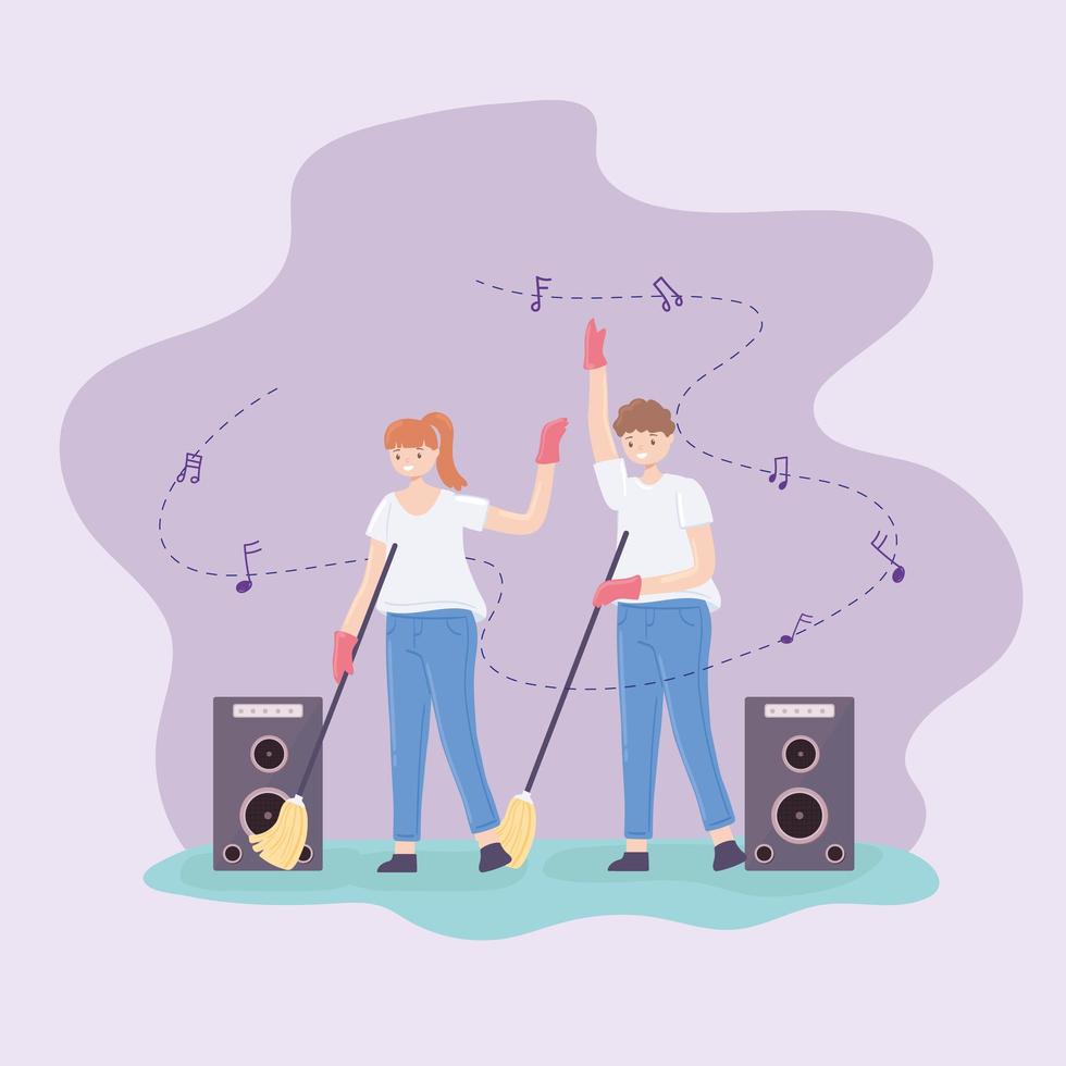 couple cleaning and listen music vector