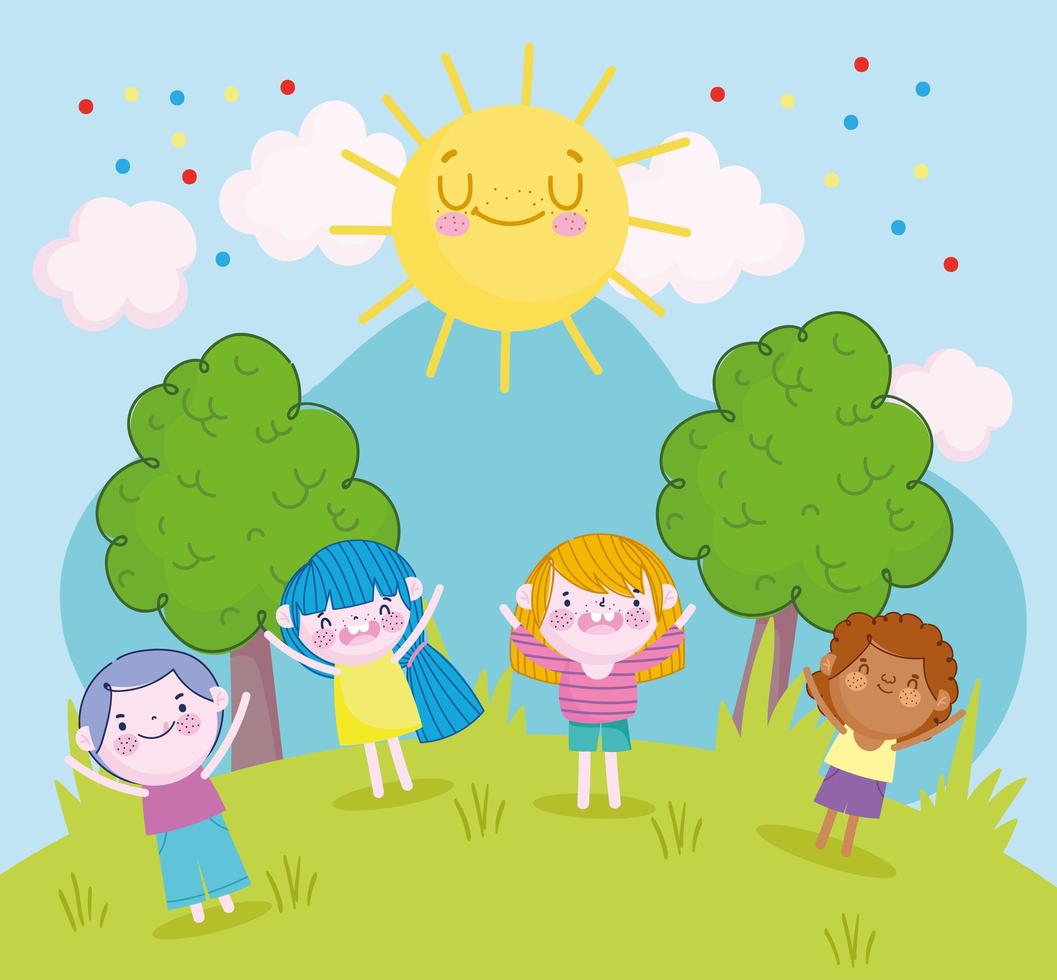 funny boys and girls together in the park cartoon, Children vector