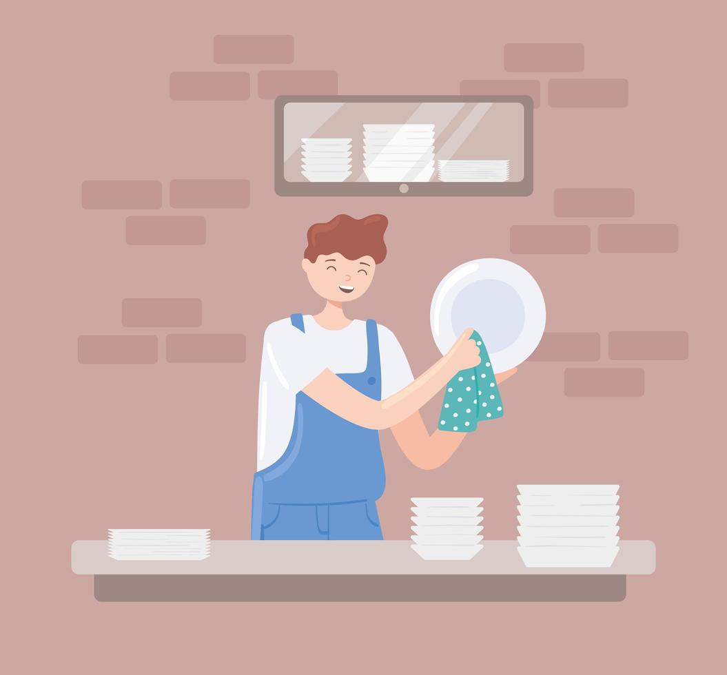 young man washing dishes vector