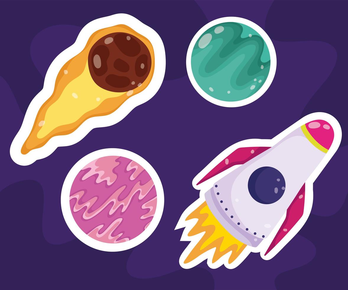 space meteorite planets and spaceship adventure cartoon icons set vector