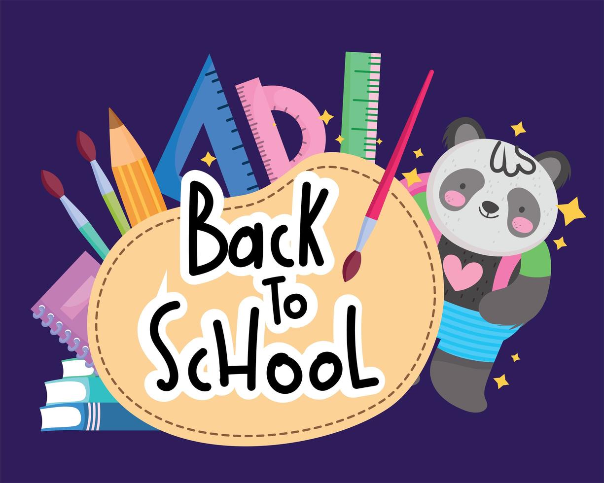 back to school little panda with backpack and supplies label design vector