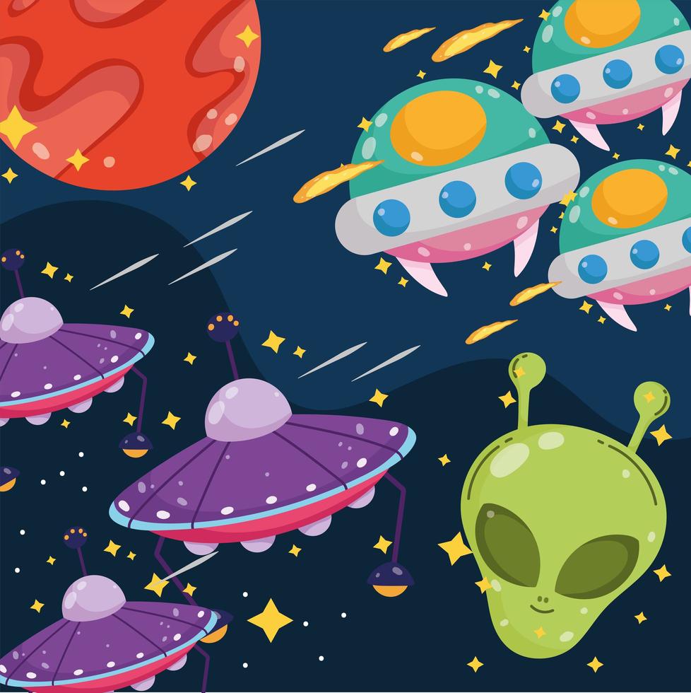 space planet mars aliens and ufo ships explore adventure cartoon vector