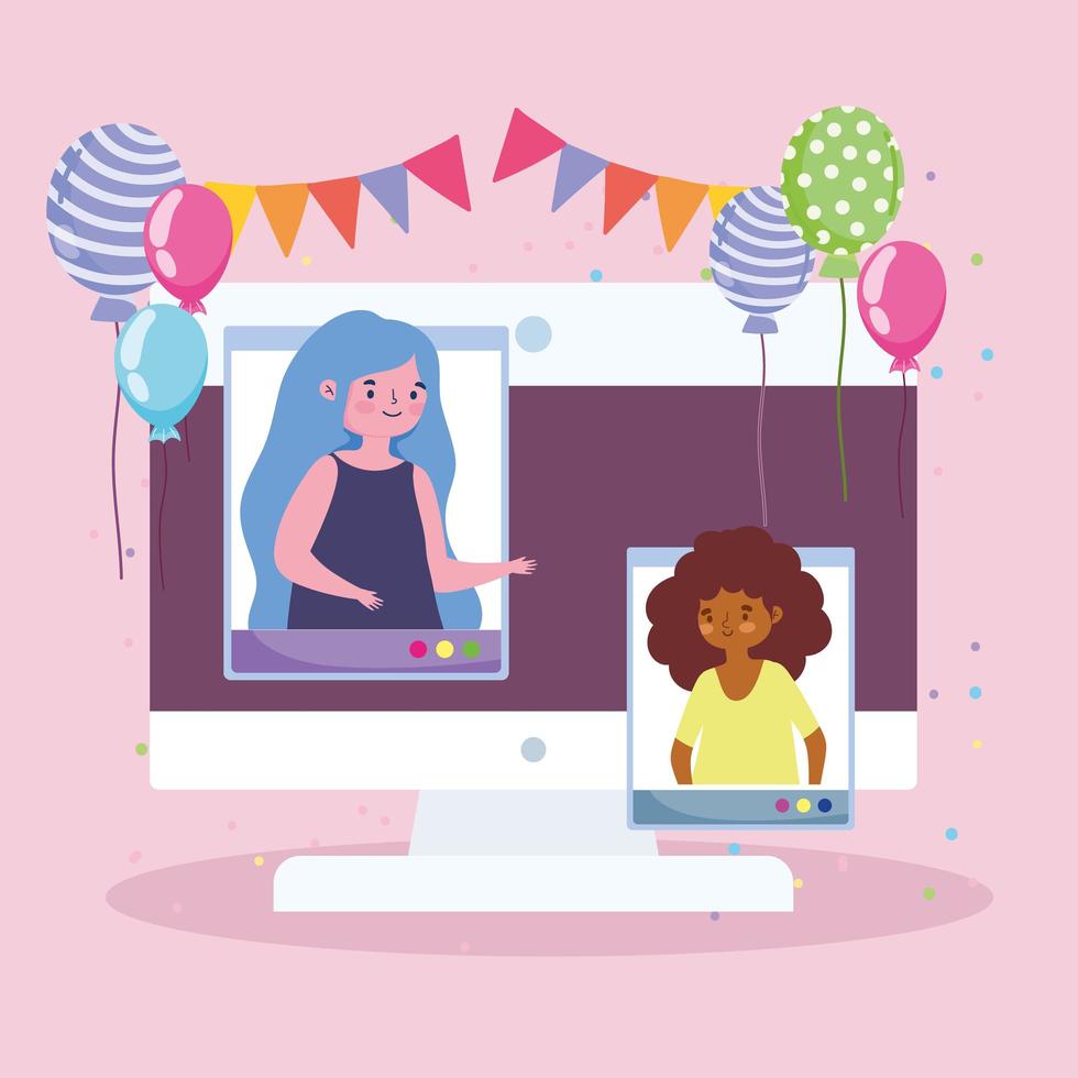 virtual party, online celebration people connected by computer vector