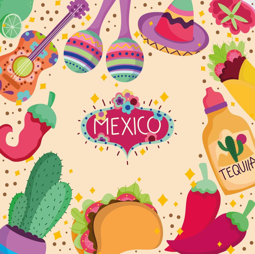 mexico cultura tradicional tequila comida guitarra maraca cactus decoracion antecedentes vector