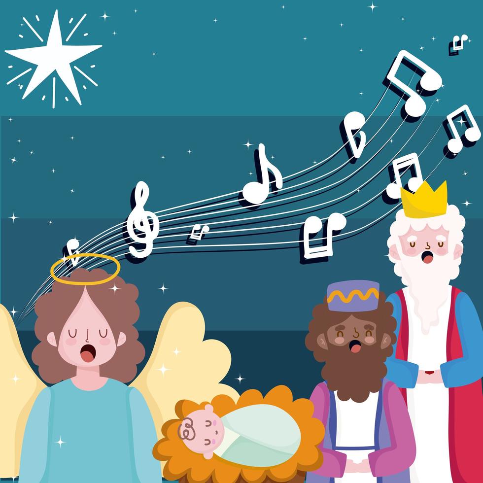 feliz epifanía, tres reyes sabios, el niño jesús y el ángel cantan villancicos vector