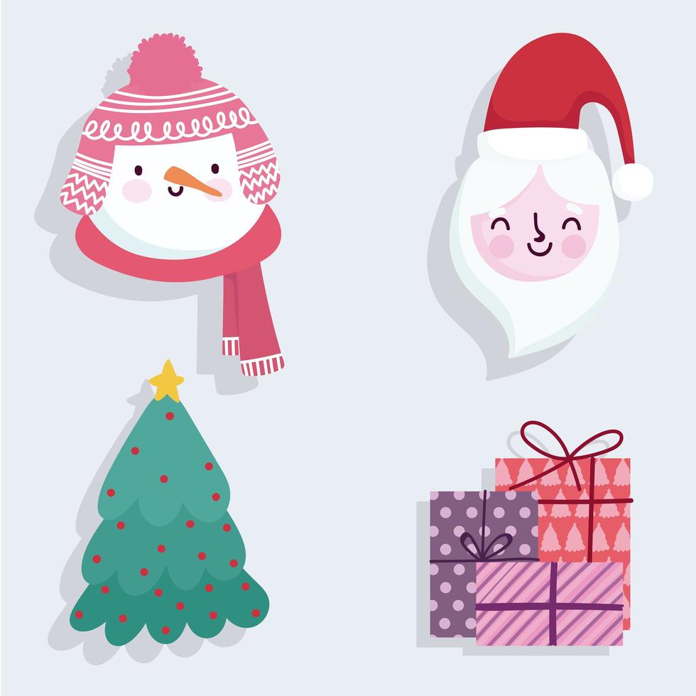 feliz navidad santa lindo muñeco de nieve regalos e iconos de árbol vector