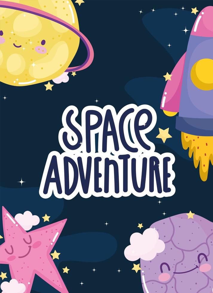 space adventure launch spaceship explore planets star cute cartoon vector