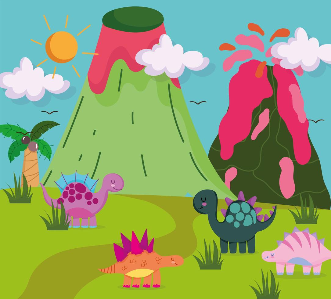 cute dinosaurs in wild nature vector