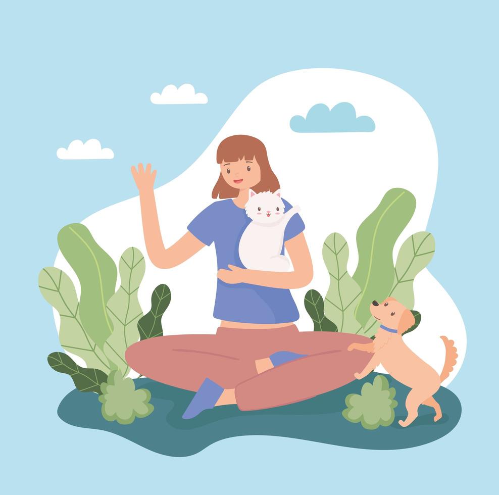 girl with cat and dog vector