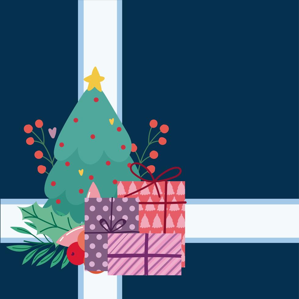 feliz navidad tarjeta árbol regalos acebo baya diseño vector